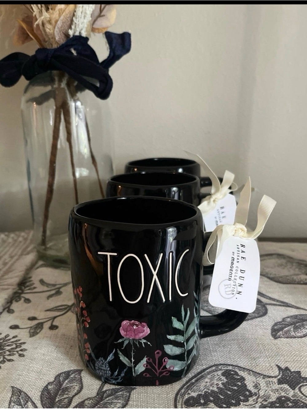 Rae Dunn Black Floral "TOXIC" Ceramic Mug